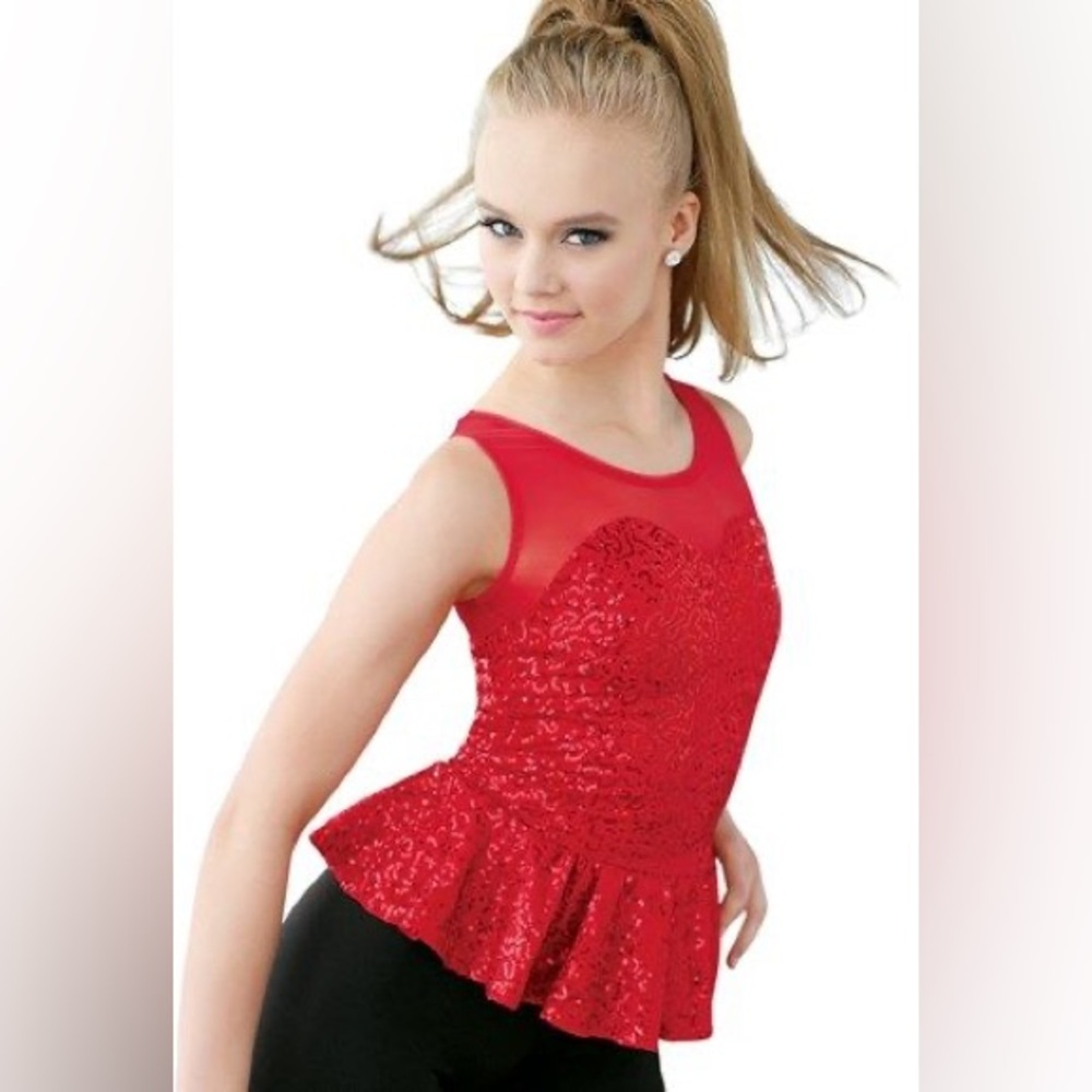 Balera Red Sequin Mesh Peplum Top With Sweetheart Neckline 
Size Small Adult